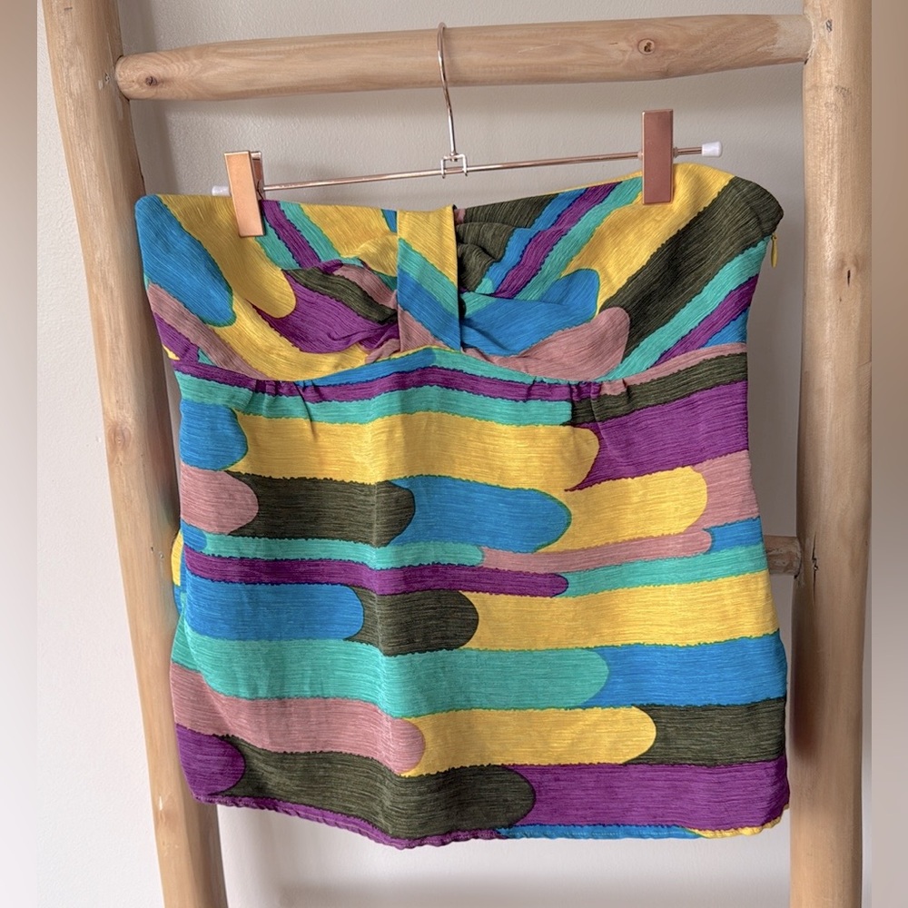 Tibi Multicolor Abstract Pattern Silk Linen Blend Colorful Strapless Summer Top - Picture 4 of 9